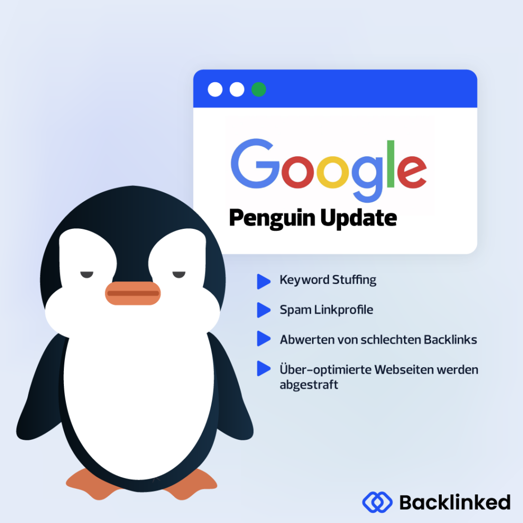 Infografik mit Pinguin zeigt, was das Google Penguin Update beinhaltet.